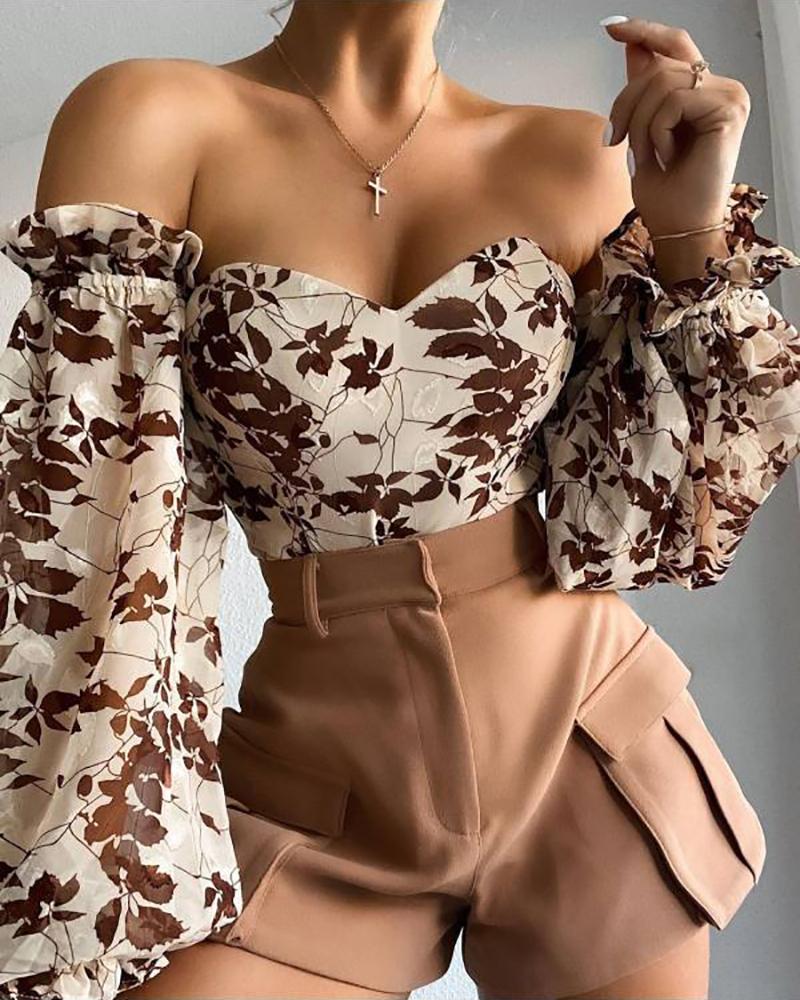 

Floral Print Lantern Sleeve Off Shoulder Top, Apricot