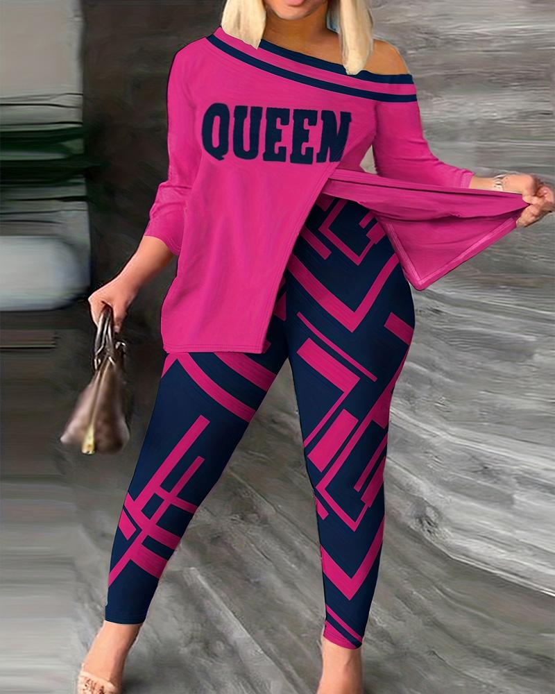 

Plus Size Queen Geo Print Skew Neck Top & Pants Set, Hot pink