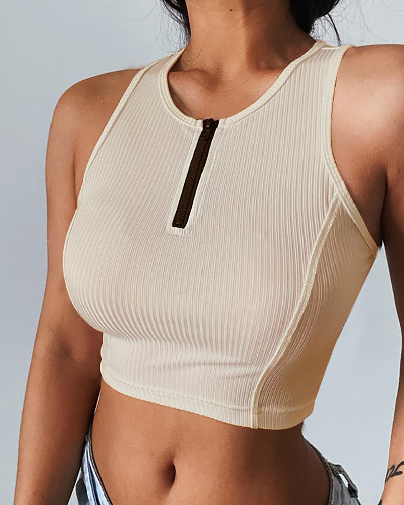 

Zip Front Colorblock Sleeveless Crop Top, Khaki