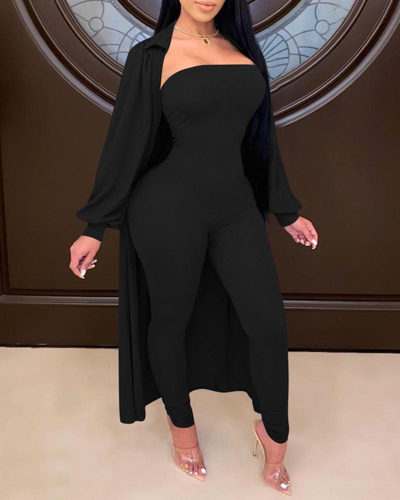 

Bandeau Jumpsuit & Lantern Sleeve Cardigan Set, Black