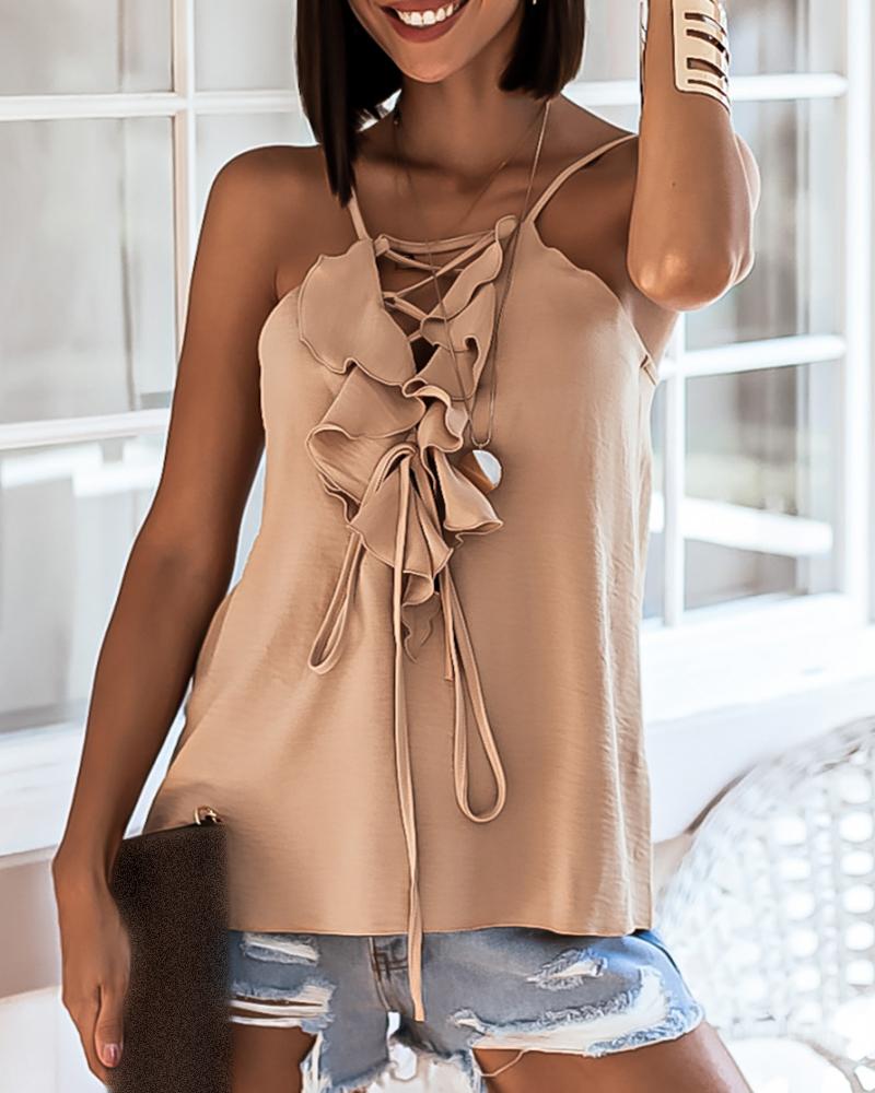 

Halter Ruffles Hem Plain Top, Khaki