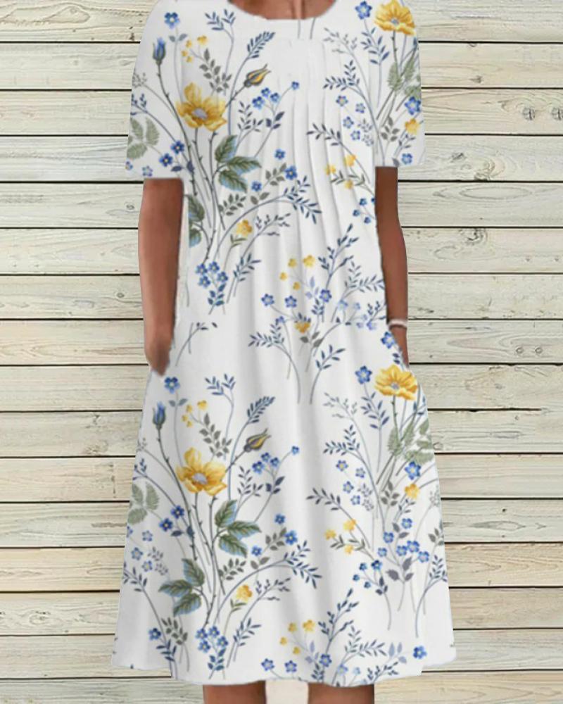 

Ruched Floral Print Pocket Design Casual Dress, White