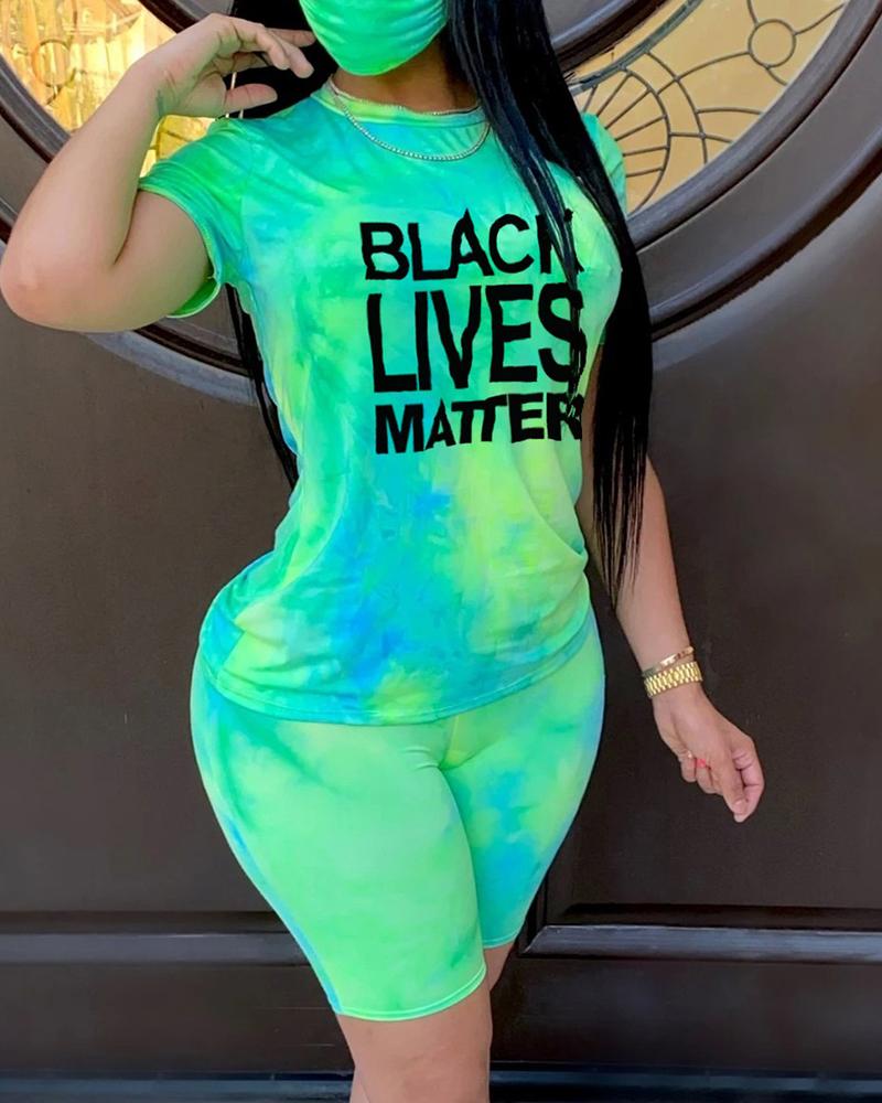 

Letter Tie Dye Print O-Neck Top & Shorts Set, Green
