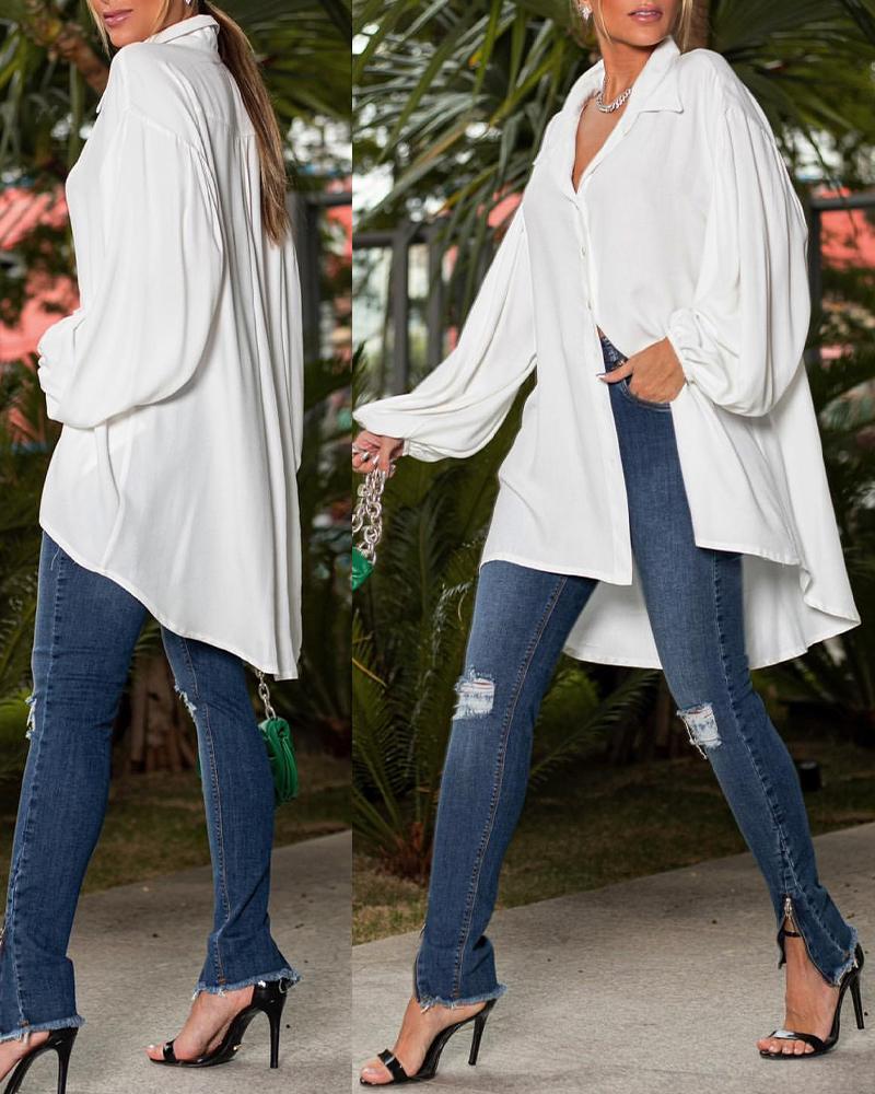 

Lantern Sleeve Dip Hem Button Down Shirt, White