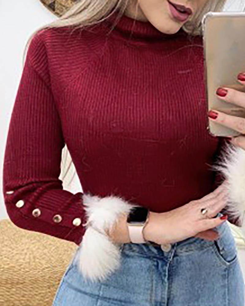 

Mock Neck Ribbed Popper Cuff Fluffy Fur Insert Blouse, Wine red