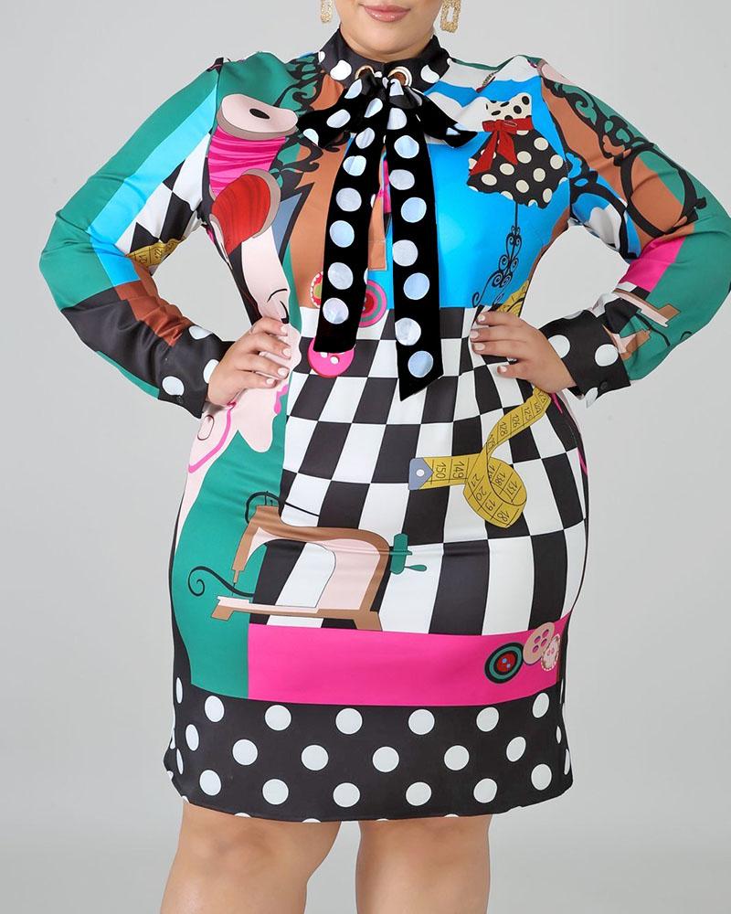 

Polkadot Graphic Print Long Sleeve Work Dress, Blue