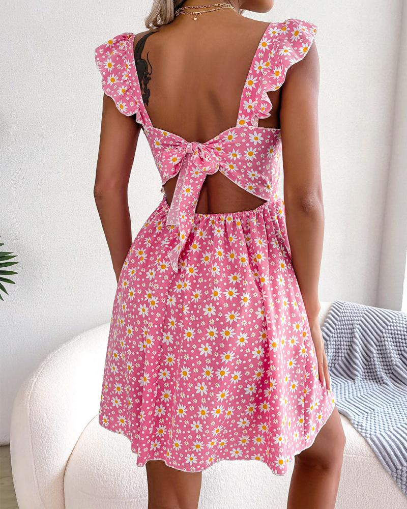 

Daisy Print Ruffles Tied Detail Casual Dress, Pink