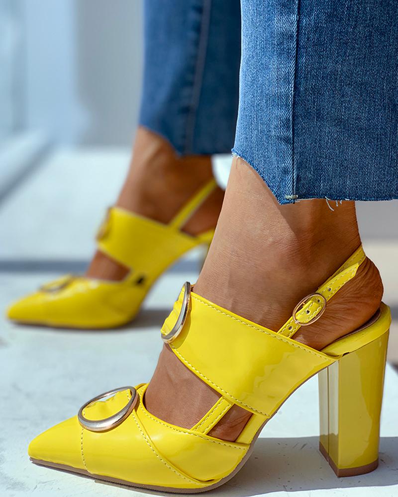 

O Ring Ankle Buckled Chunky Heeled Sandals, Yellow