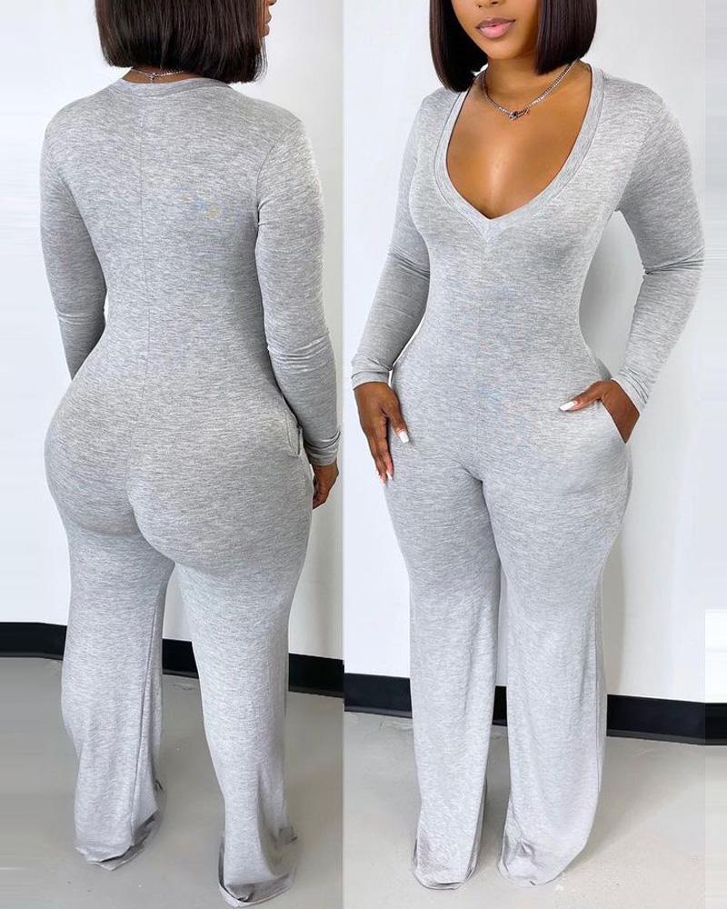 

Long Sleeve Plunge Pocket Detail Jumpsuit, Gray
