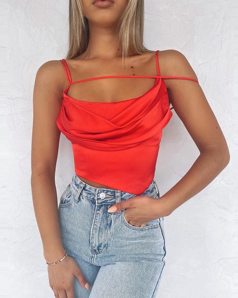 

Satin Ruched Strap Zipper Decor Skinny Top, Red