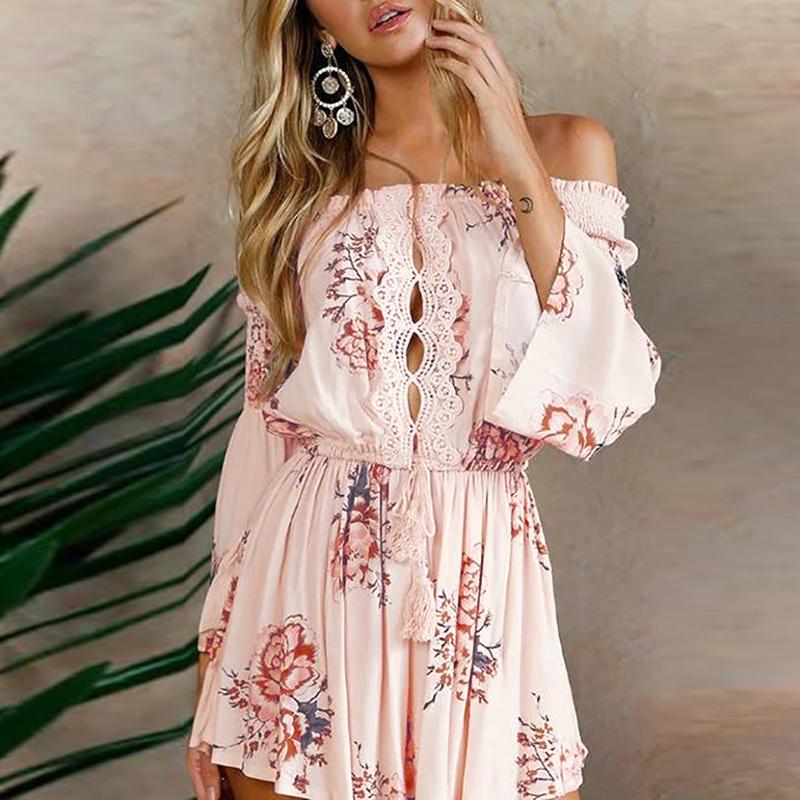 

Floral Shirring Off Shoulder Pleated Romper, Pink