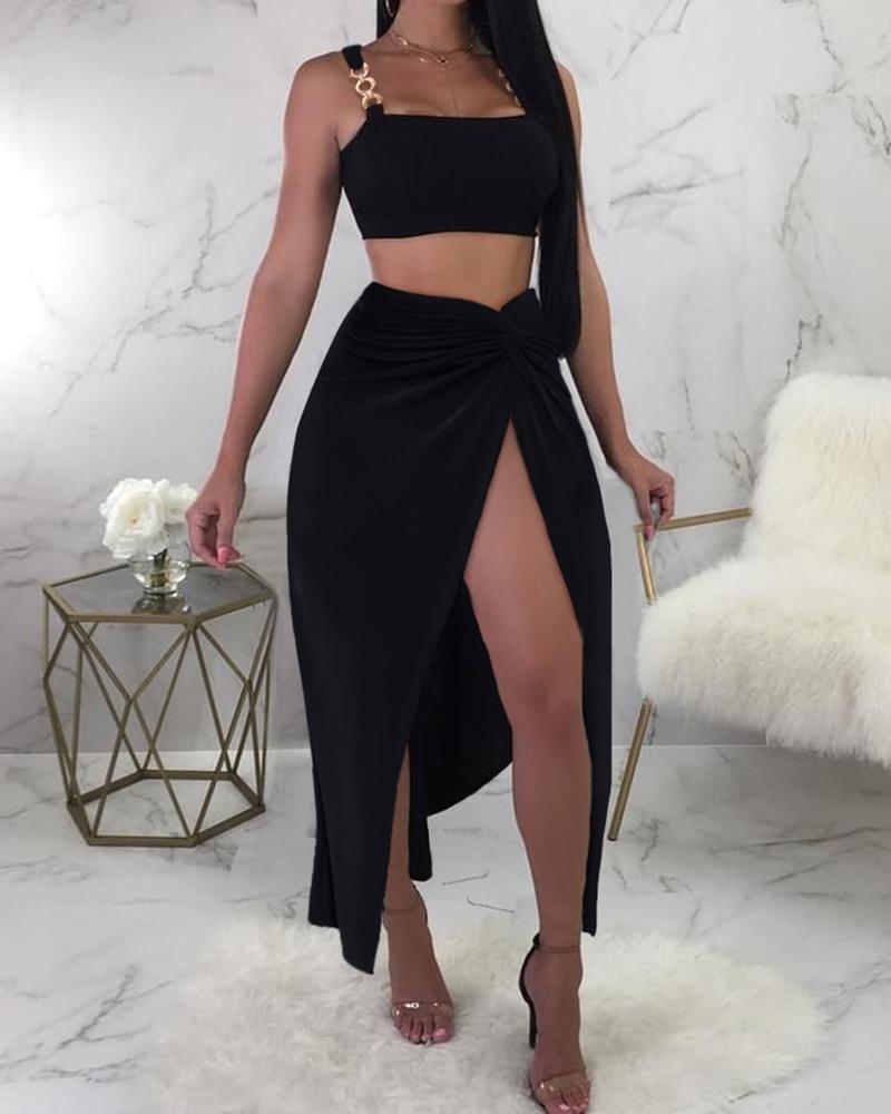 

Chain Strap Crop Top & High Slit Twisted Skirt Set, Black