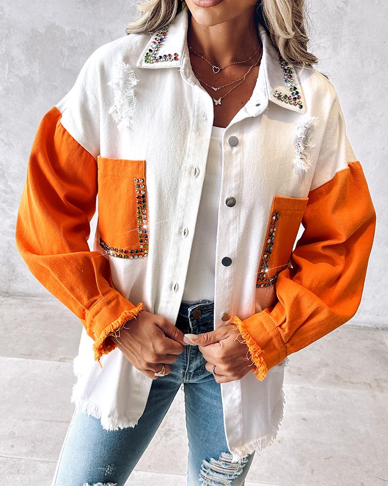 

Colorblock Raw Hem Rhinestone Decor Shacket, Orange