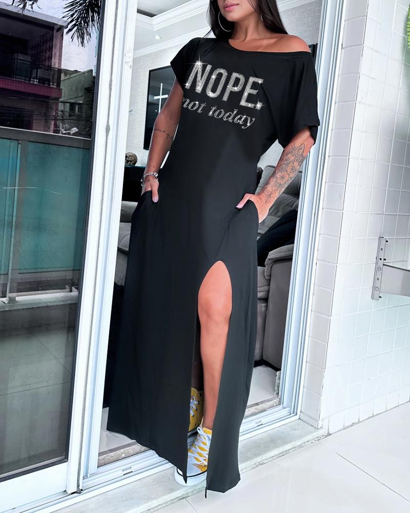 

Rhinestone Nope Not Today Pattern Slit Dress, Black