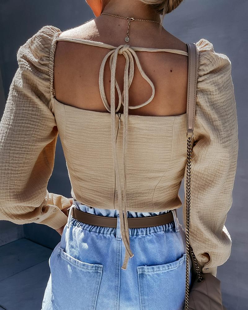 

Puff Sleeve Tied Detail Zip Back Top, Khaki