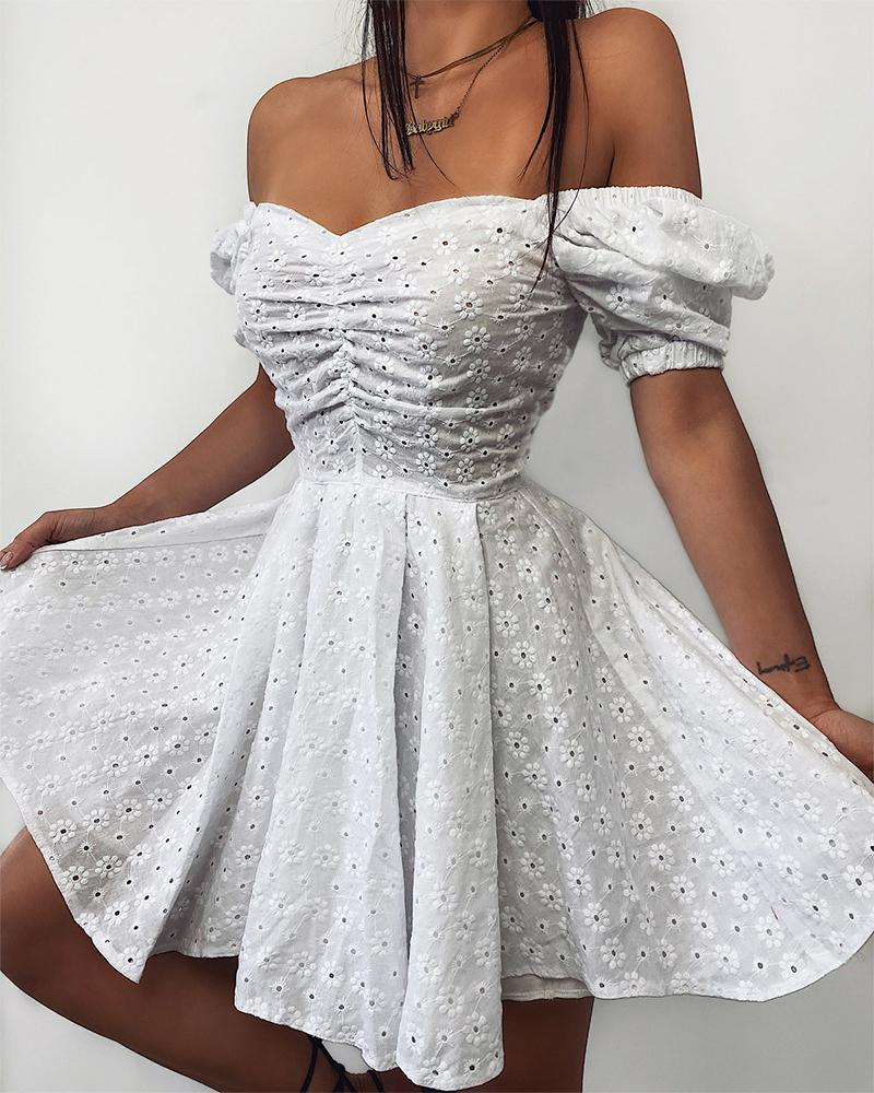 

Solid Short Sleeve Off Shoulder Mini Dress, White