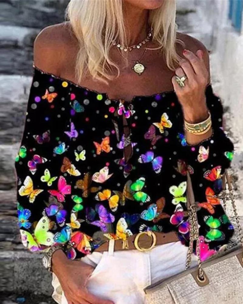 

Off Shoulder Floral / Graphic / Butterfly Print Tie Front Top, Black