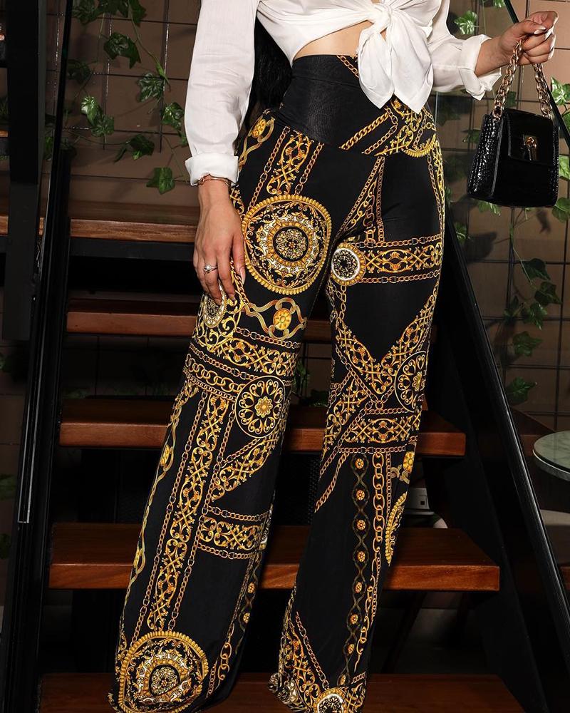 

High Waist Baroque Print Straight Leg Pants, Black