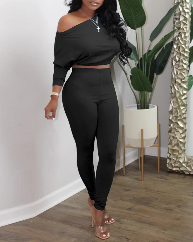 

One Shoulder Crop Women Top & High Waist Pants Set, Black