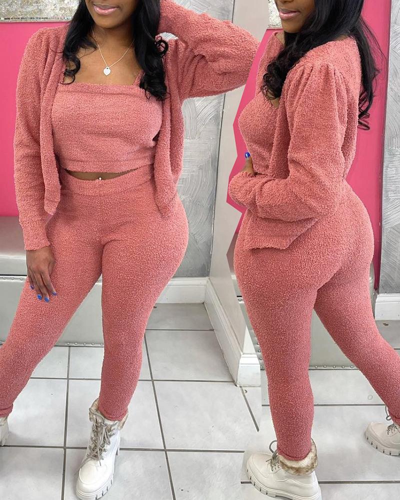 

Fuzzy Tank Top & High Waist Pants Set With Cardigan, Pink