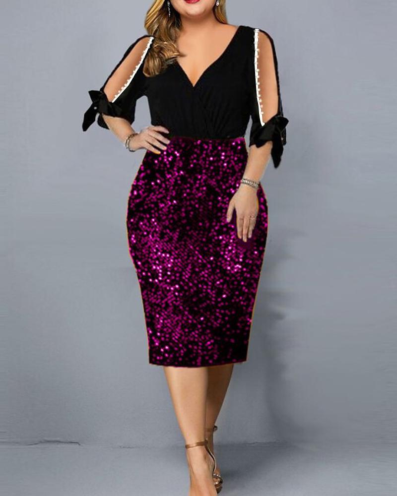 

Plus Size Beaded Cold Shoulder Contrast Sequin Party Dress, Purple