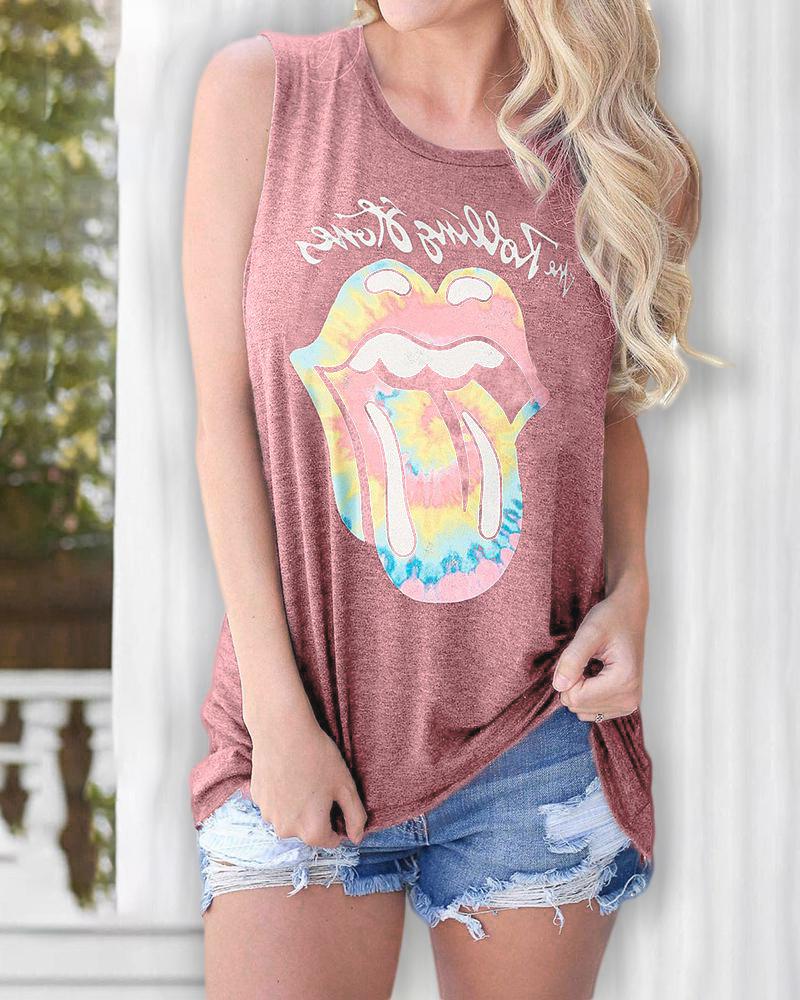 

Letter / Lip / Tie Dye Print Casual Tank Top, Pink