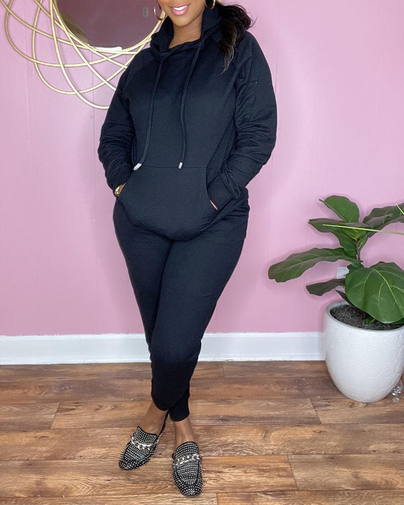 

Long Sleeve Drawstring Hoodie & Pants Set, Black