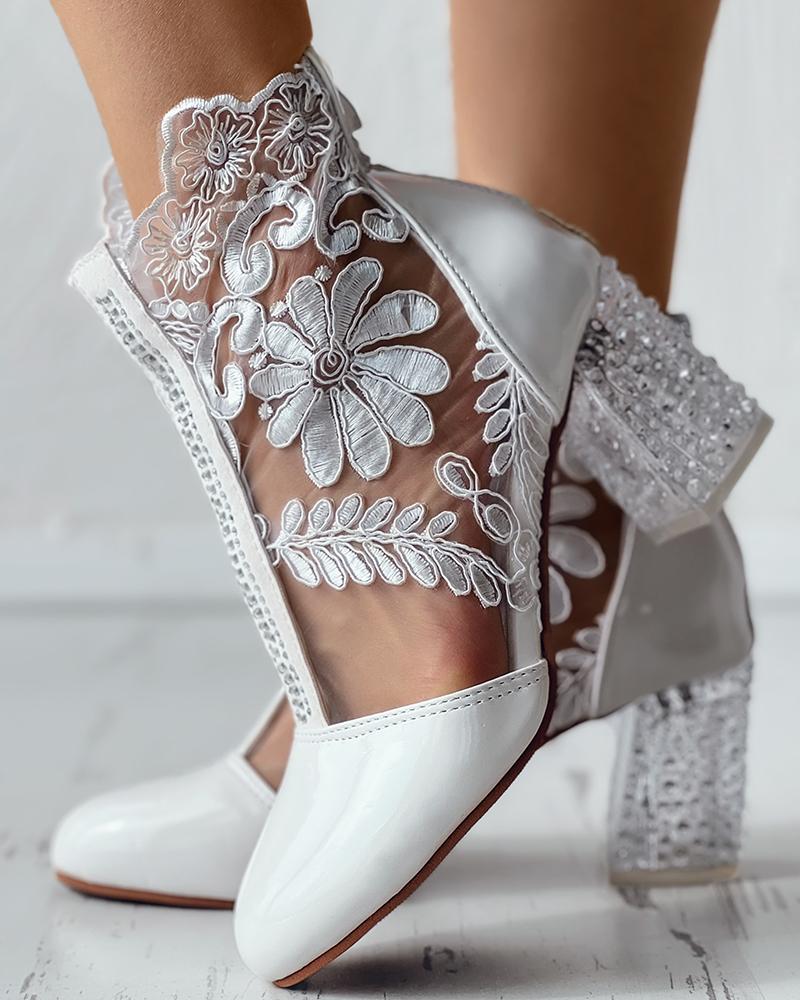 

Floral Embroidery Clear Chunky Heel Boots, White