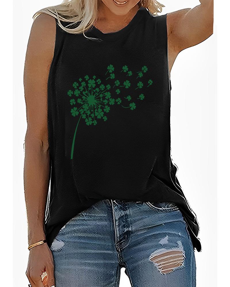 

St. Patrick' Day Lucky Shamrock Print Casual Tank Top, Black