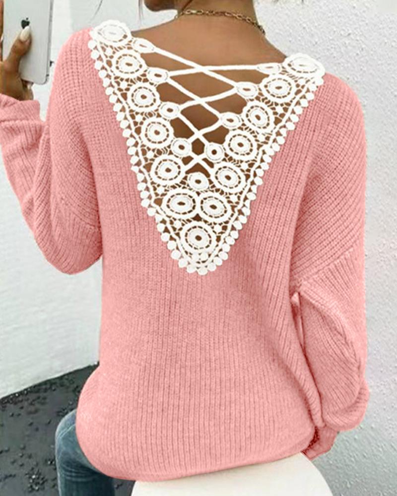 

V-Neck Contrast Lace Criss Cross Knit Sweater, Pink