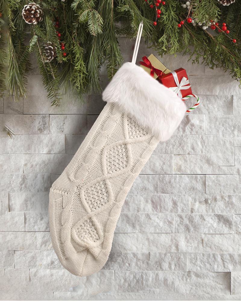 

1pc Christmas Stocking Cable Knit Hanging Stocking Christmas Tree Decoration Ornament Decoration Spoon Fork Bag Party Supplies, Beige