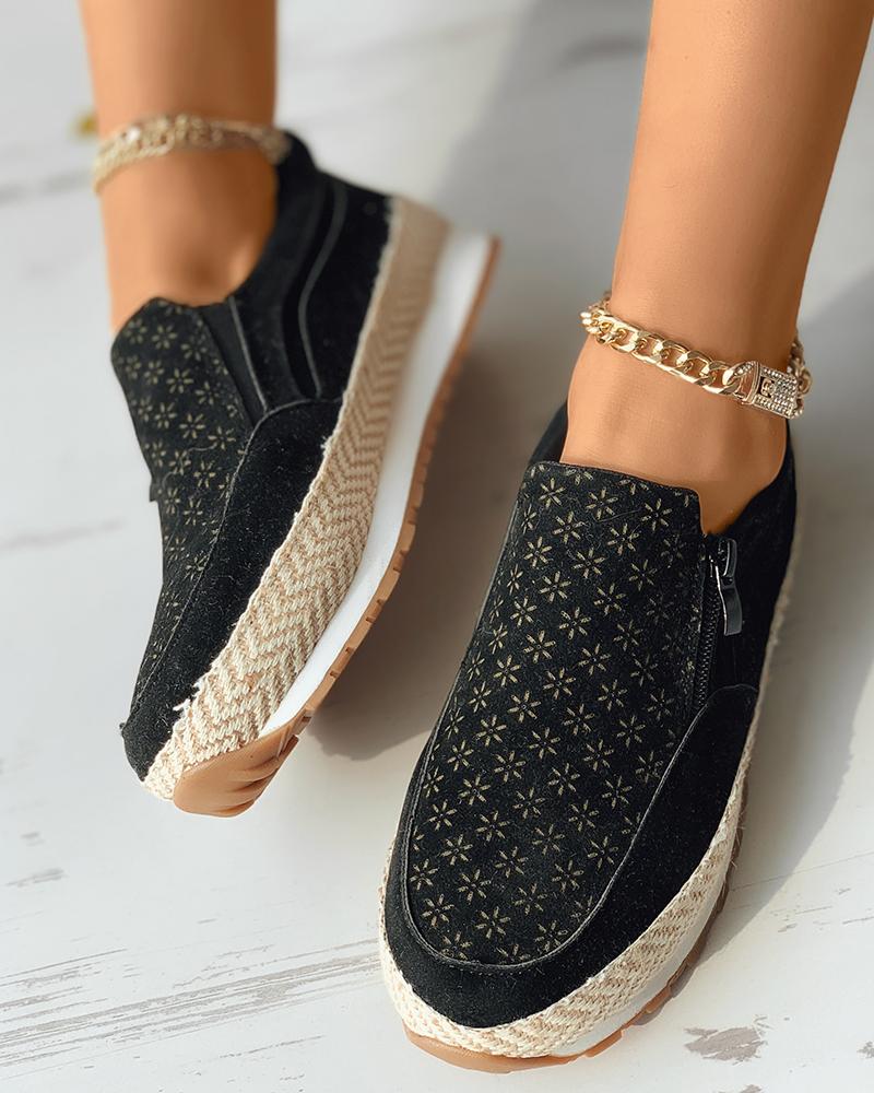 

Floral Pattern Woven Flax Zipper Design Denim Flats, Black