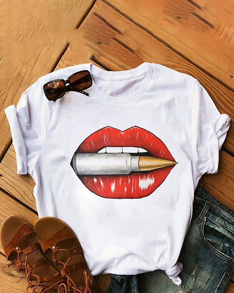 

Short Sleeve Lip Print Casual T-shirt, Style4