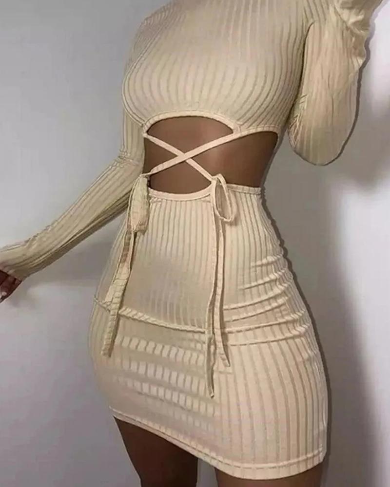 

Ribbed Solid Cutout Waist Bodycon Dress, Khaki
