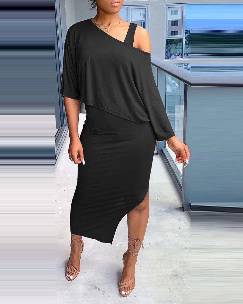 

U Neck Thick Strap Ruffle Hem Slit Dress, Black
