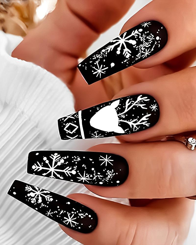 

24pcs Christmas Reindeer Snowflake Design Matte Press-on Coffin False Nails Set, Black