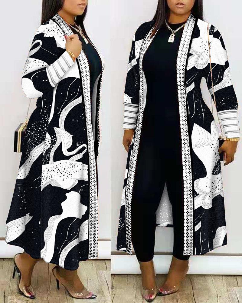 

Plus Size Galaxy Print Open Front Longline Coat, Blackwhite