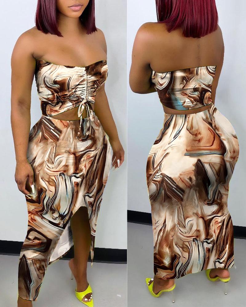 

Marble Print Drawstring Ruched Crop Tube Top & Skirt Set, Brown
