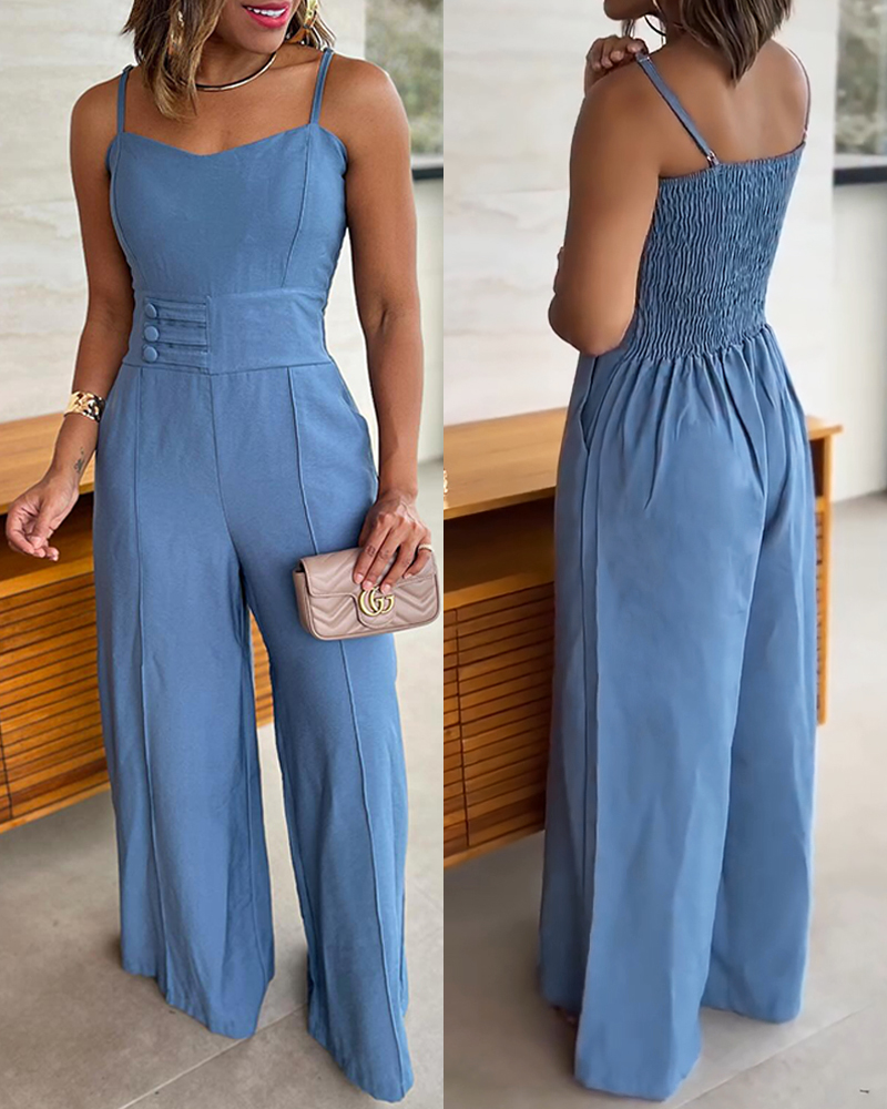 

Mono sencillo de tirantes finos con hebilla en la cintura, estilo casual, con espalda fruncida y pernera ancha., Turquoise blue