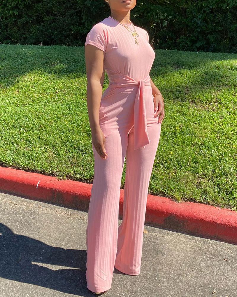 

Pocket Design Tied Detail Short Sleeve Jumpsuit, Pink
