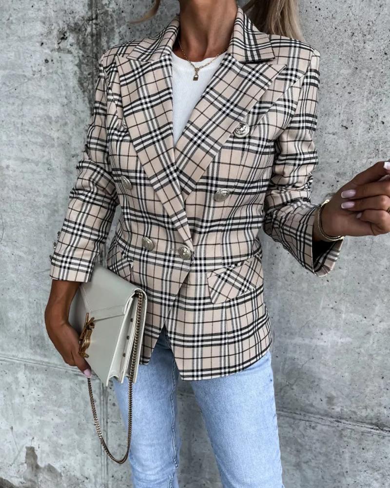 

Plaid Print Long Sleeve Double Breasted Blazer, Khaki