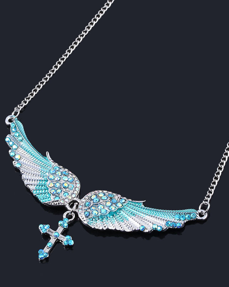 

1pc Angel Wings Cross-Shaped Rhinestone Pendant Necklace, Blue