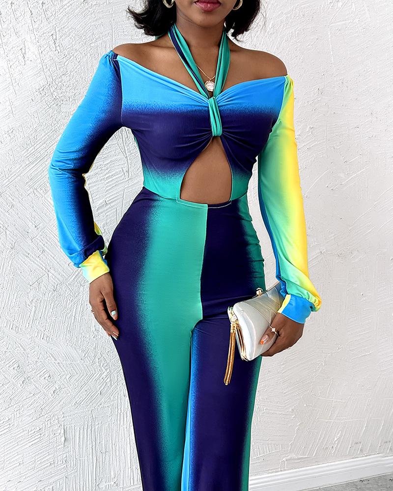 

Ombre Halter Cutout Long Sleeve Jumpsuit, Multicolor