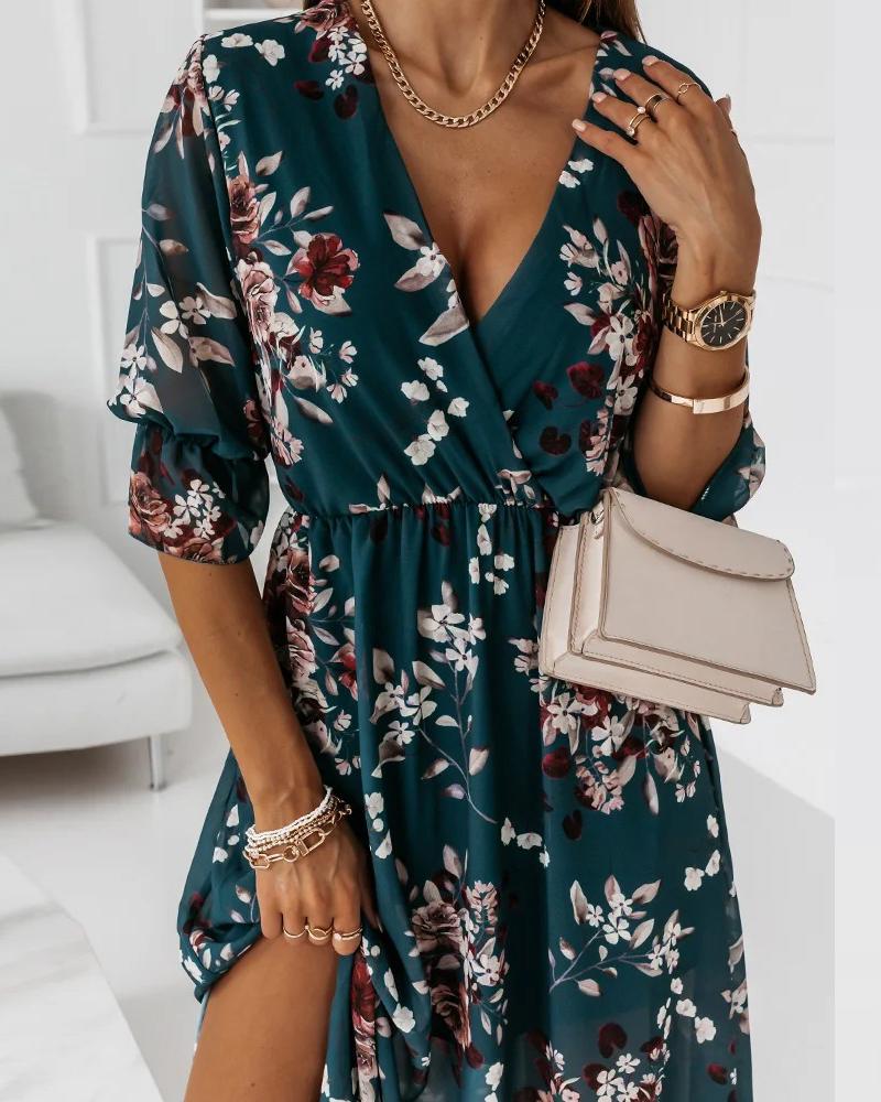 

Floral Print Bell Sleeve Slit Wrap Dress, Green