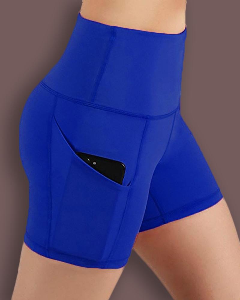 

Solid High Waist Pockets Yoga Shorts, Blue