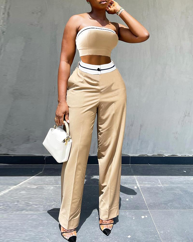 

Contrast Paneled Tube Top & Pants Set, Khaki