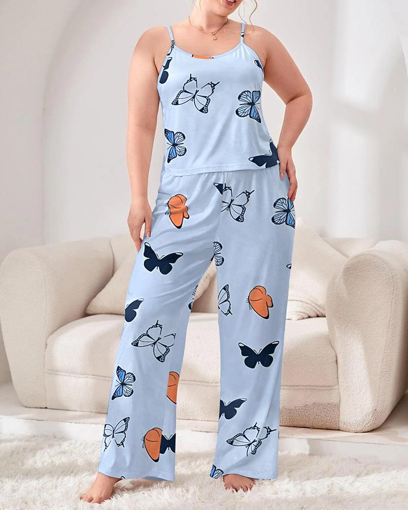 

Plus Size Butterfly Print Straight Leg Sleeveless Pajamas Set, Blue