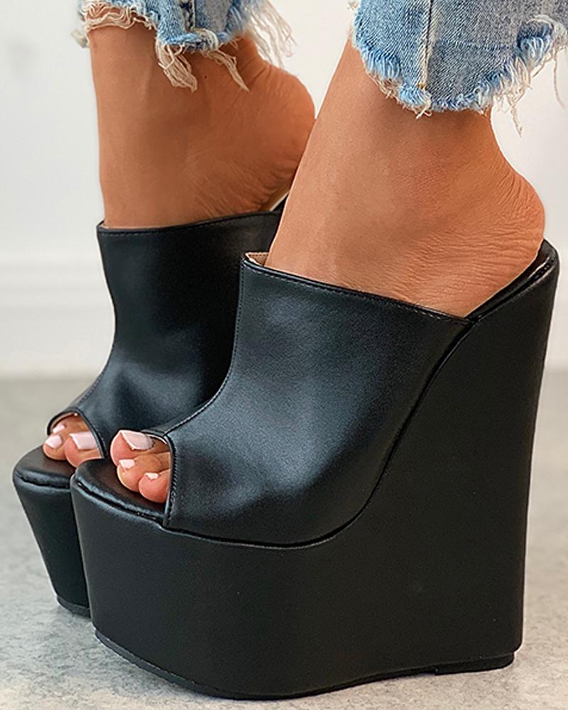 

Plain Peep Toe Wedge Sandals, Black