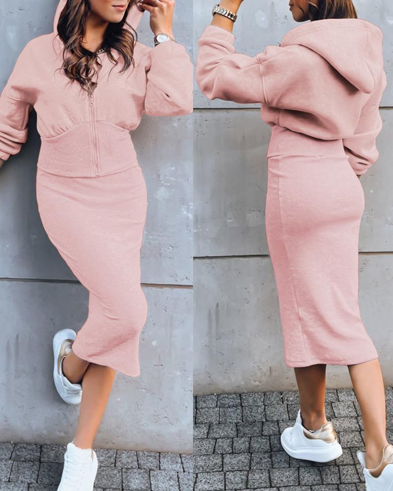 

Zipper Design Hooded Sweatshirt & Skirt Set, Light pink