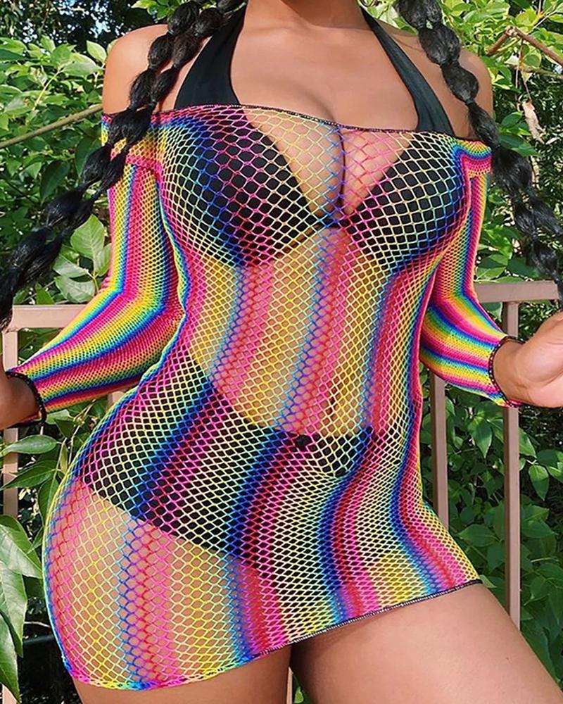

Colorblock Off Shoulder Fishnet Mesh Cover Up, Multicolor